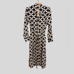 Boden EcoVero Navy Geometric Belted Shirt Dress — Size 10L Tall — NWT
